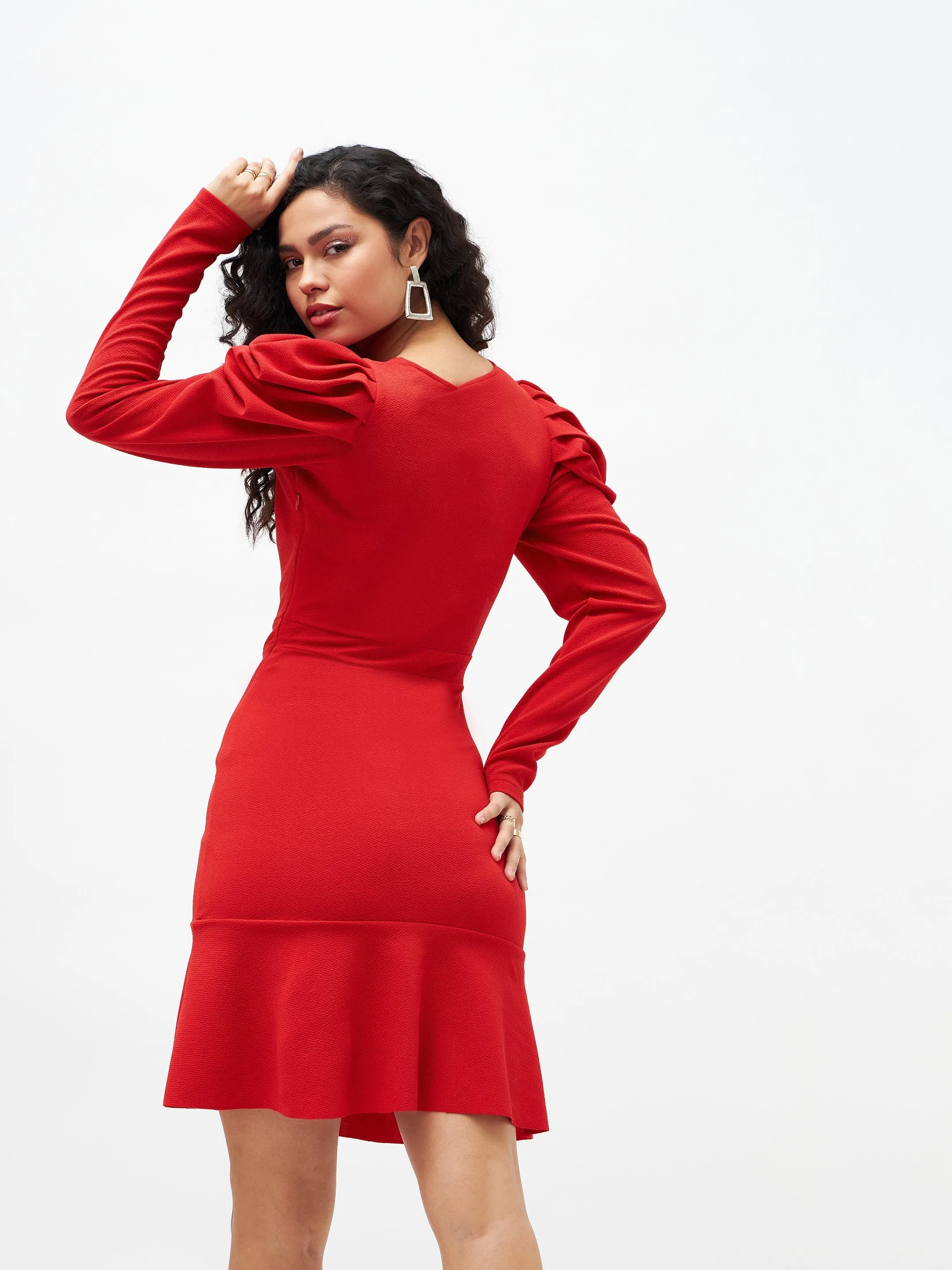 Women Red Puff Sleeves Frill Hem Bodycon Dress