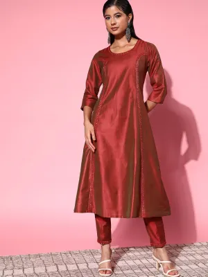 Women Rust Mirror Embroidered A-Line Kurta With Pants