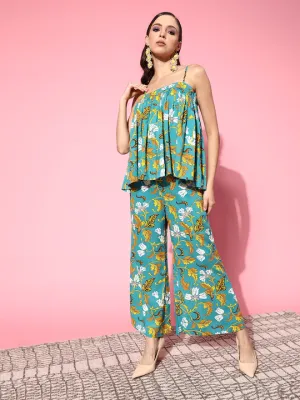 Women Turquoise Floral Starppy Top With Ankle Palazzo