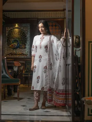 Women White Cotton Kurta Pant Set With Dupatta