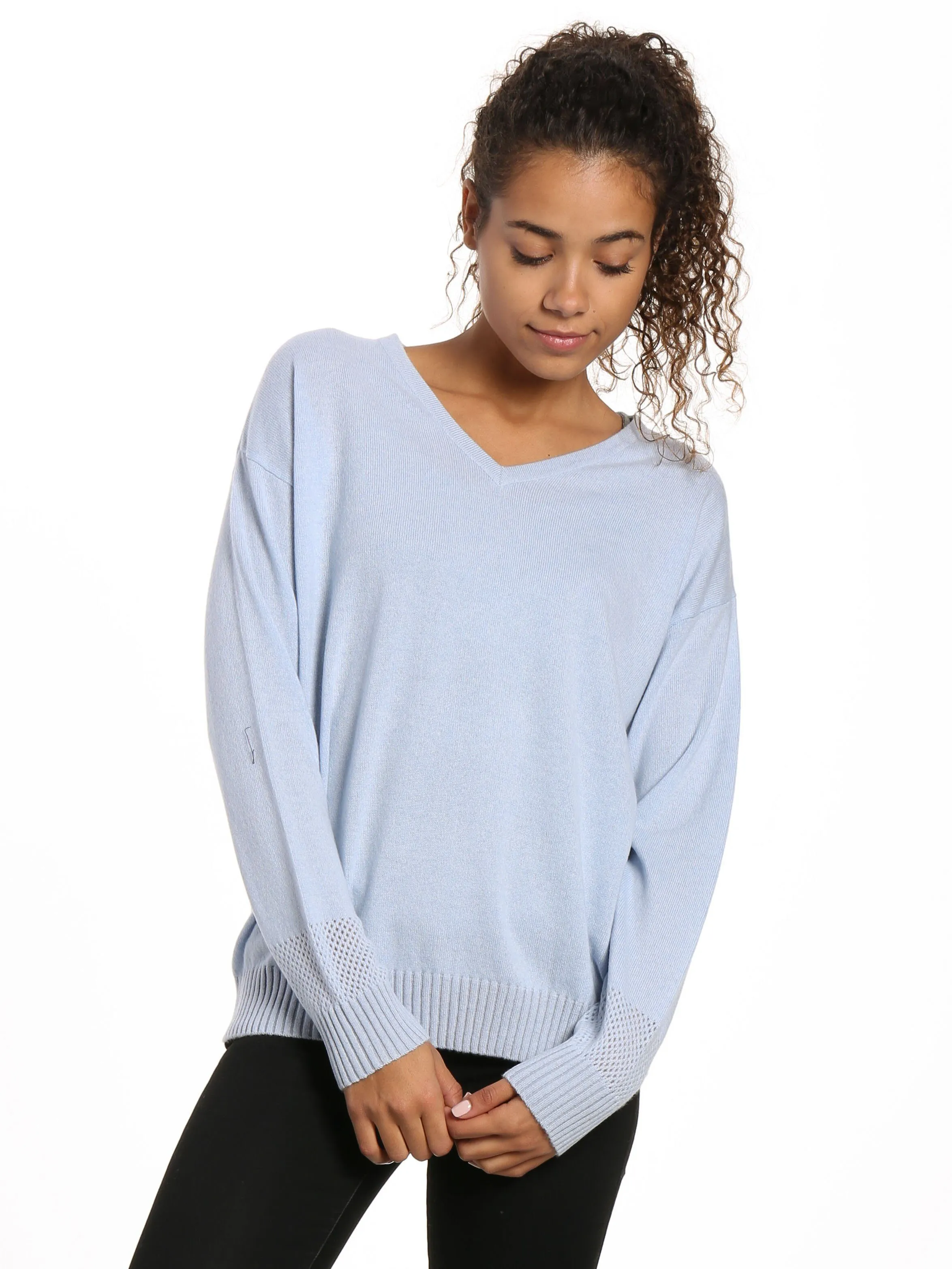 Zainuno Moizni Women's 100% Cashmere V-Neck Sweater with Mesh Sleeve