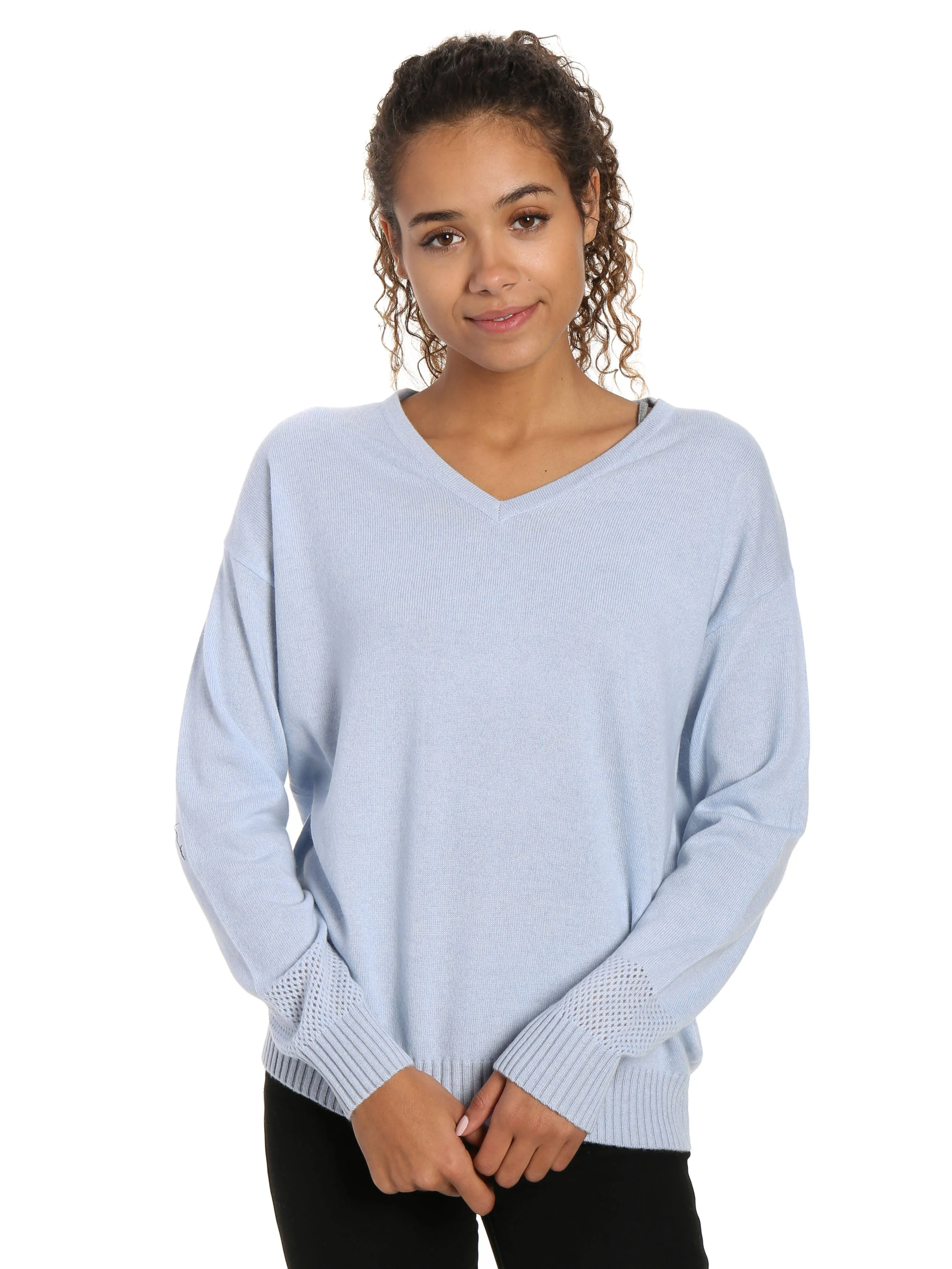 Zainuno Moizni Women's 100% Cashmere V-Neck Sweater with Mesh Sleeve