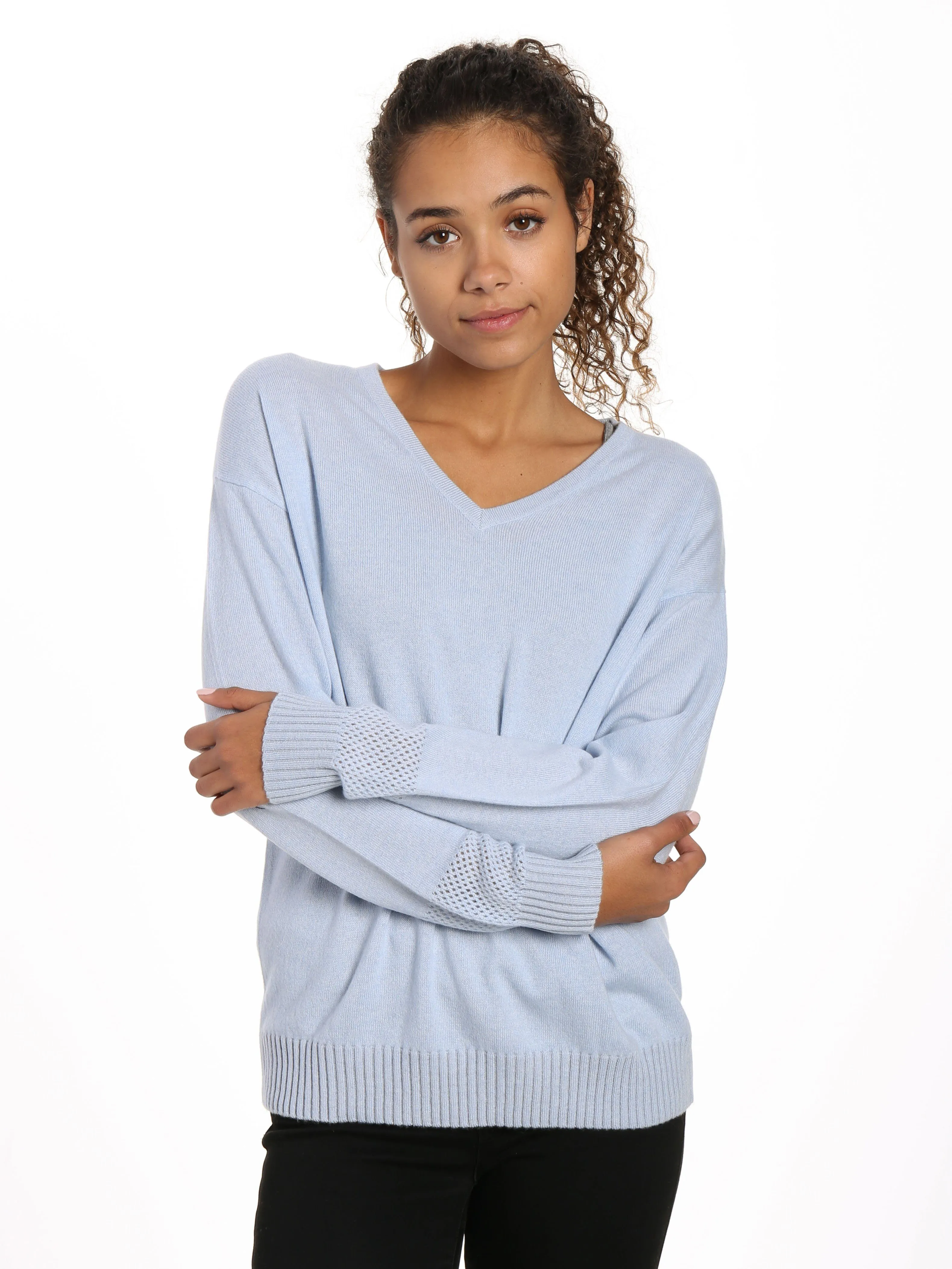 Zainuno Moizni Women's 100% Cashmere V-Neck Sweater with Mesh Sleeve